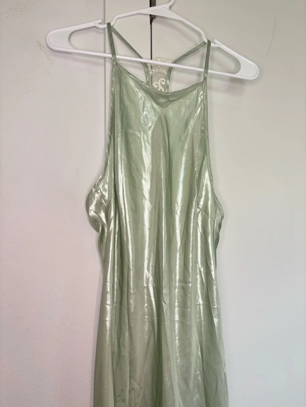 FREE PEOPLE INTIMATELY MINT GREEN METALLIC LACE BACK MIDI DRESS SZ MEDIUM - Picture 2 of 7